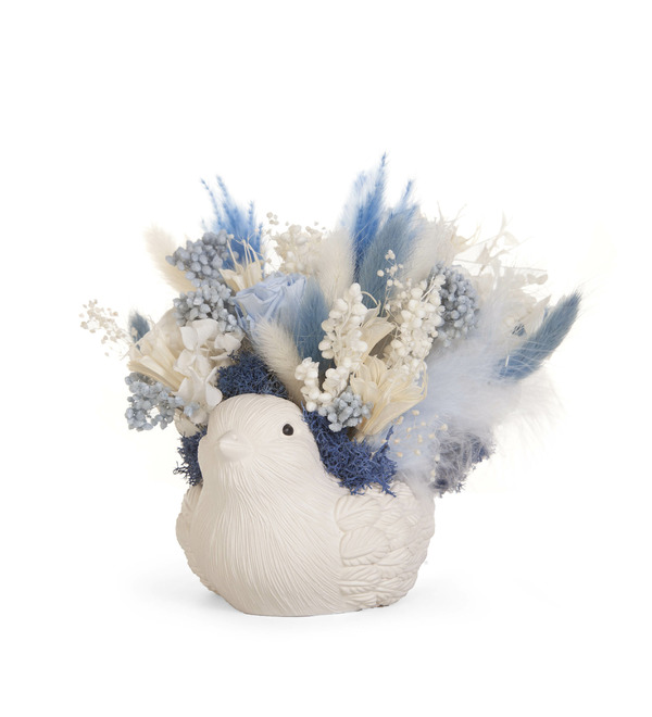 Композиция из стабилизированных цветов и сухоцветов Птичка – фото № 5