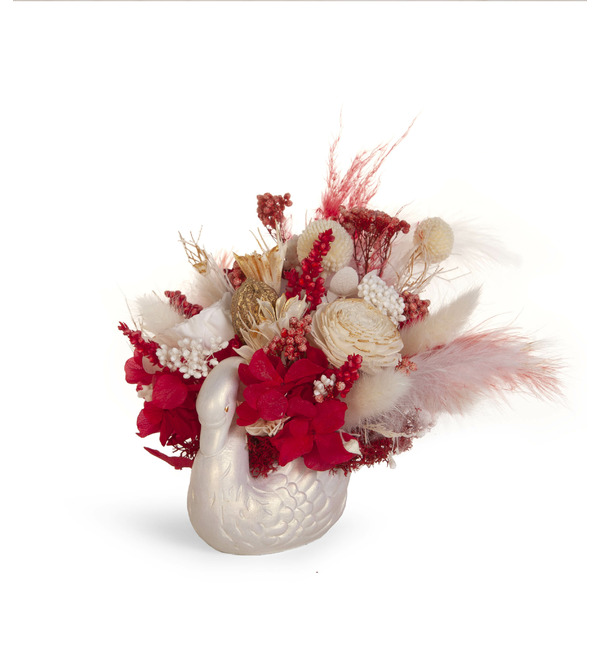 Композиция из стабилизированных цветов и сухоцветов Лебедь – фото № 5