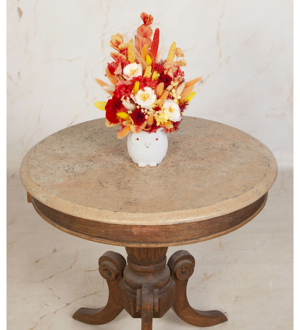 Композиция из стабилизированных цветов и сухоцветов Филин – фото № 3