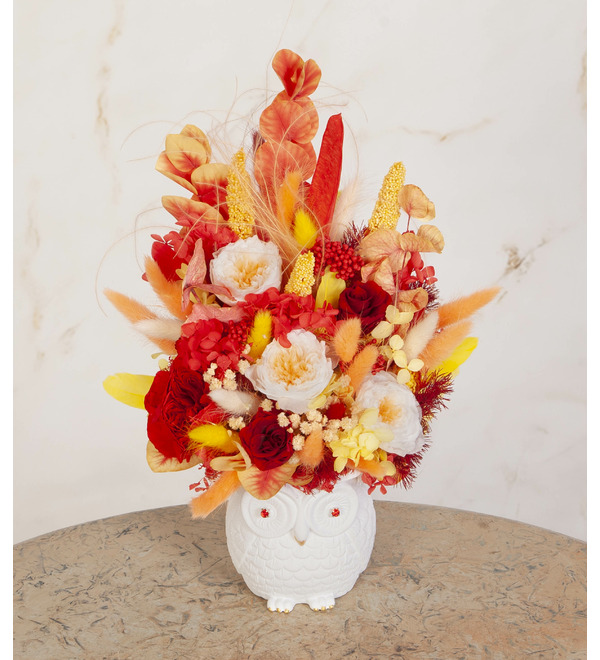 Композиция из стабилизированных цветов и сухоцветов Филин – фото № 4