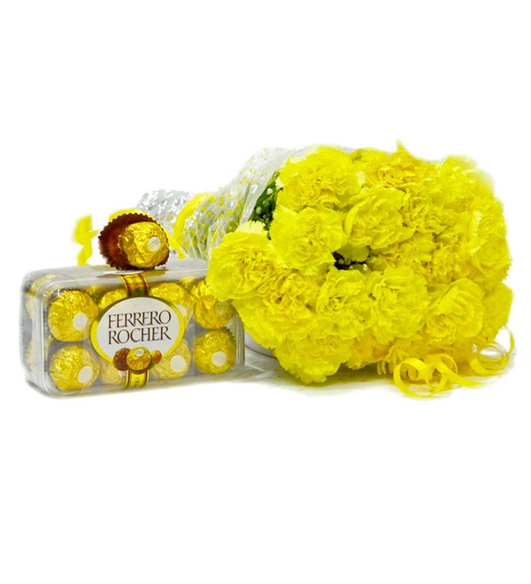 Bunch of 20 Yellow Carnations with Ferrero Rocher Imported Chocolate Box GAIMPHD0162 COI – photo #1