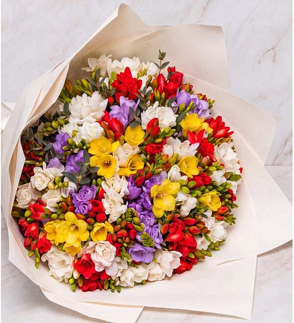 Bouquet-solo of multi-colored freesias (25, 35, 51, 75 or 101) – photo #1