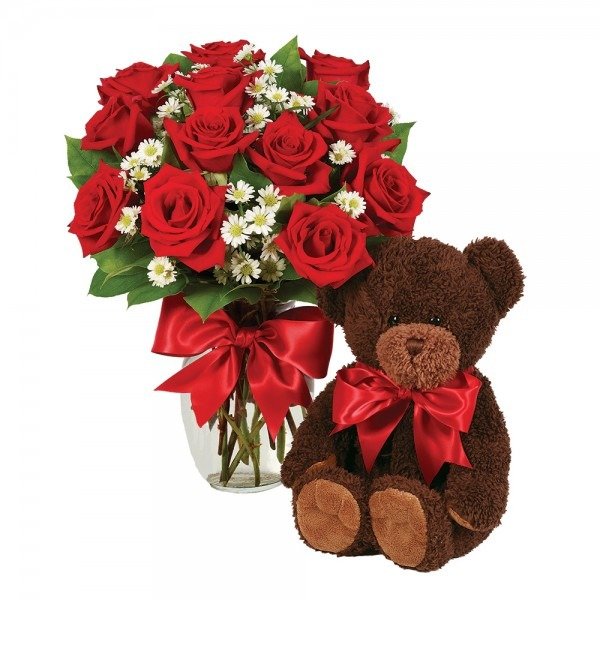 Arrangement 11 Red Roses with teddy bear BZ12 FOR – photo #1