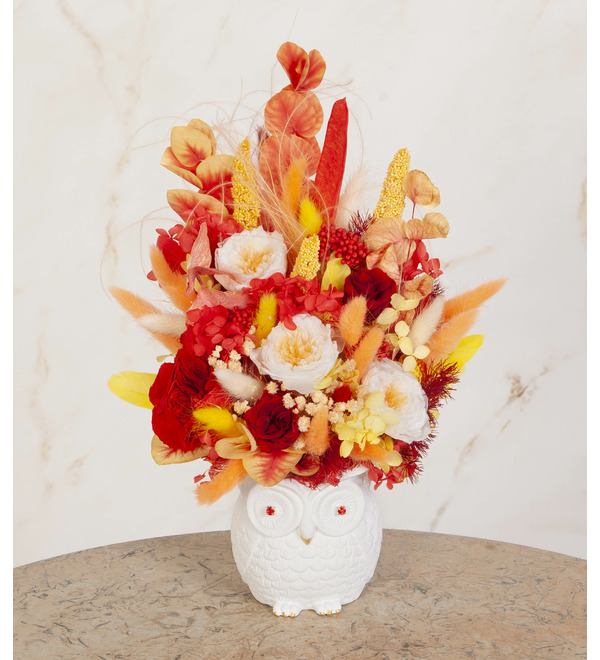 Композиция из стабилизированных цветов и сухоцветов Филин – фото № 1