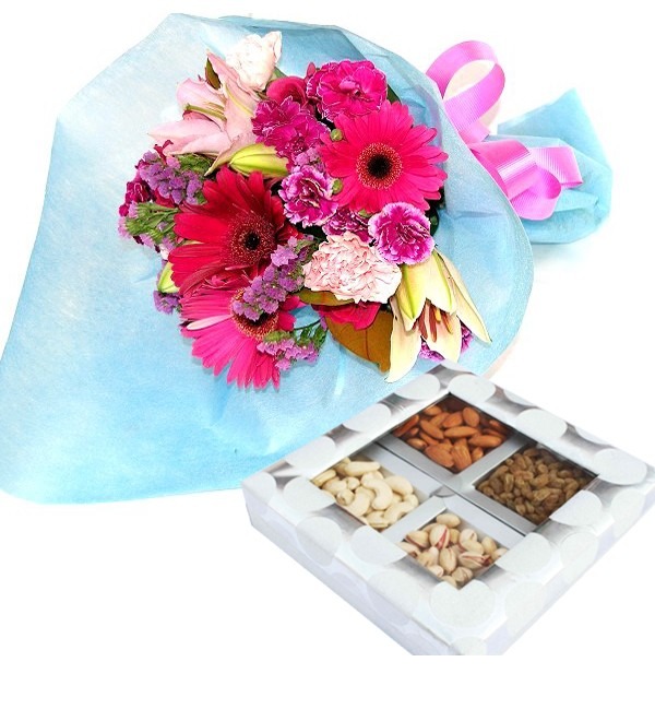 Букет из смешанных цветов и коробки с сухофруктами (орехами) GAICOM0151 MEE – фото № 1