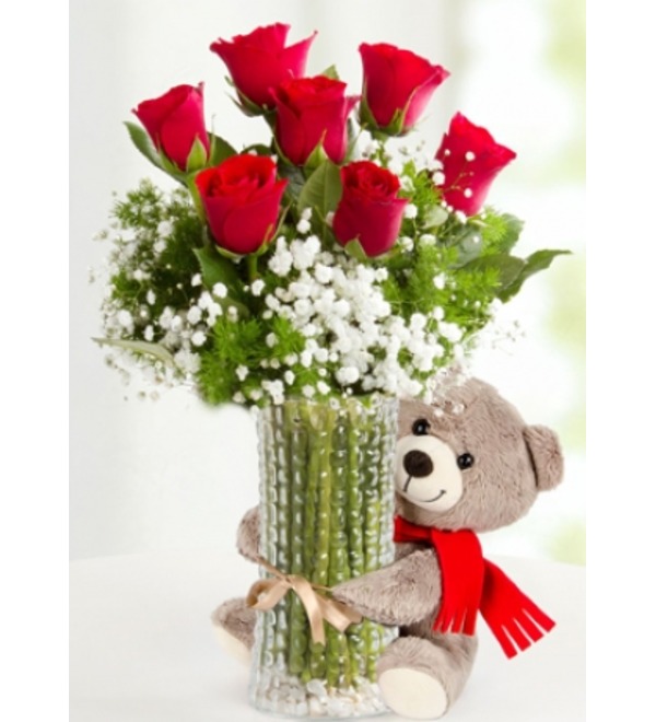 7 red Roses, gypsophila in the Vase and Teddy BLG121 BUL – photo #1