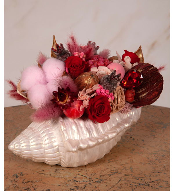 Composition of stabilized flowers and dried flowers Shell – photo #1