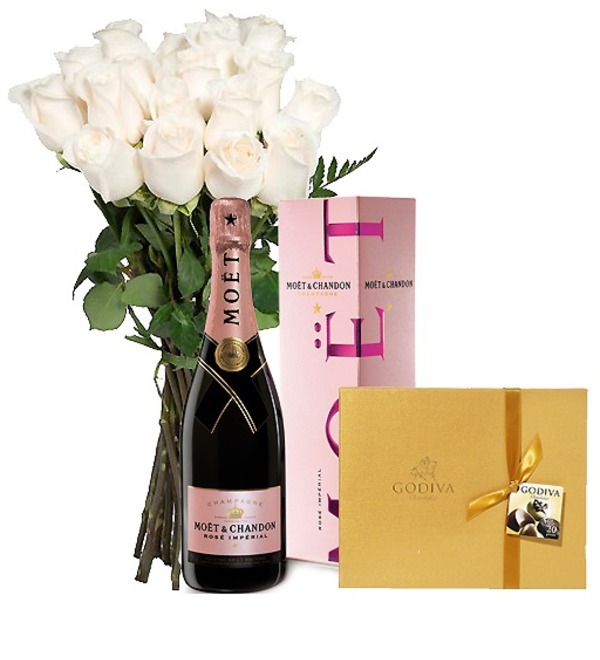 Букет из белых роз, коробка конфет Godiva ( Шампанское в подарок) AR905 PLA – фото № 1