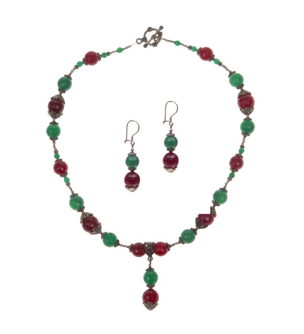 Set of earrings + necklace with chrysoprase and agate – photo #1